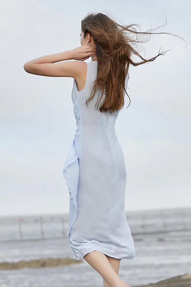 Light Blue Sleeveless Draped Midi Dress