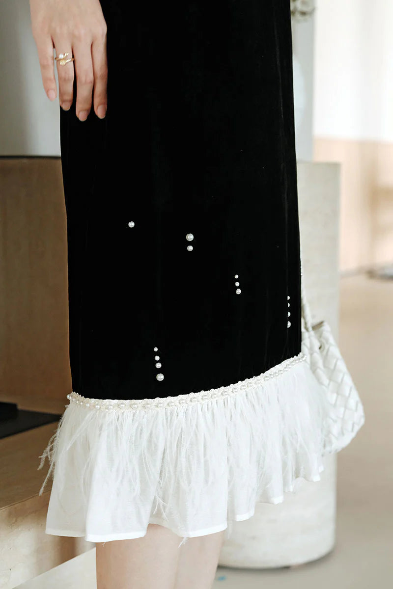Ostrich-Feather Velvet Elbow-Sleeve Midi Dress with Pearl Trim
