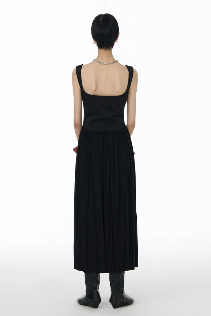 Black Sleeveless Pleated Square-Neck Tank Midi Dress