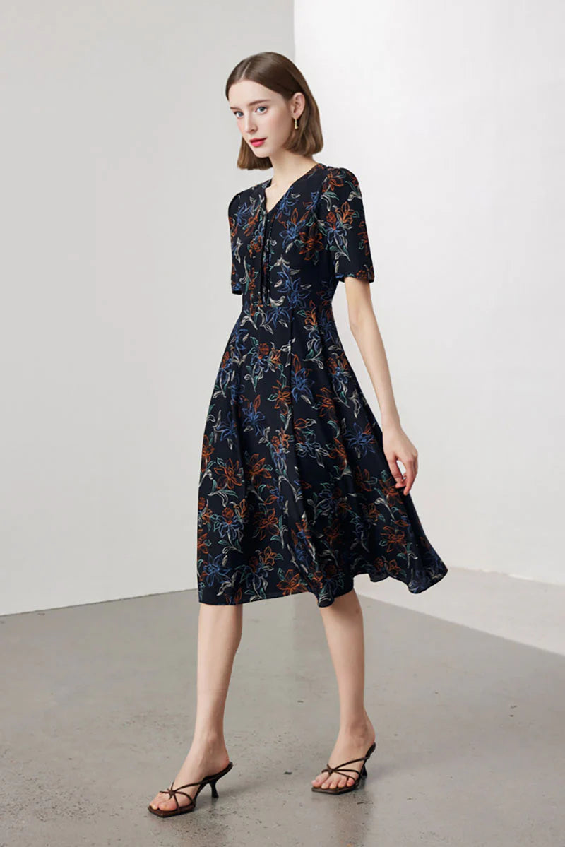 100 Mulberry Silk Floral A-Line Short-Sleeve V-Neck Midi Dress